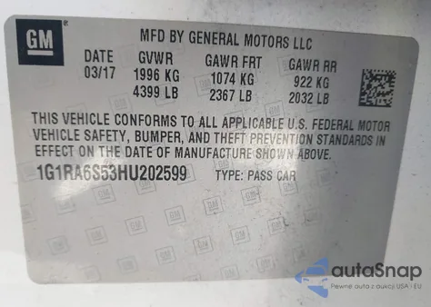 2017 Chevrolet Volt Lt from USA, damaged, VIN 1G1RA6S53HU202599